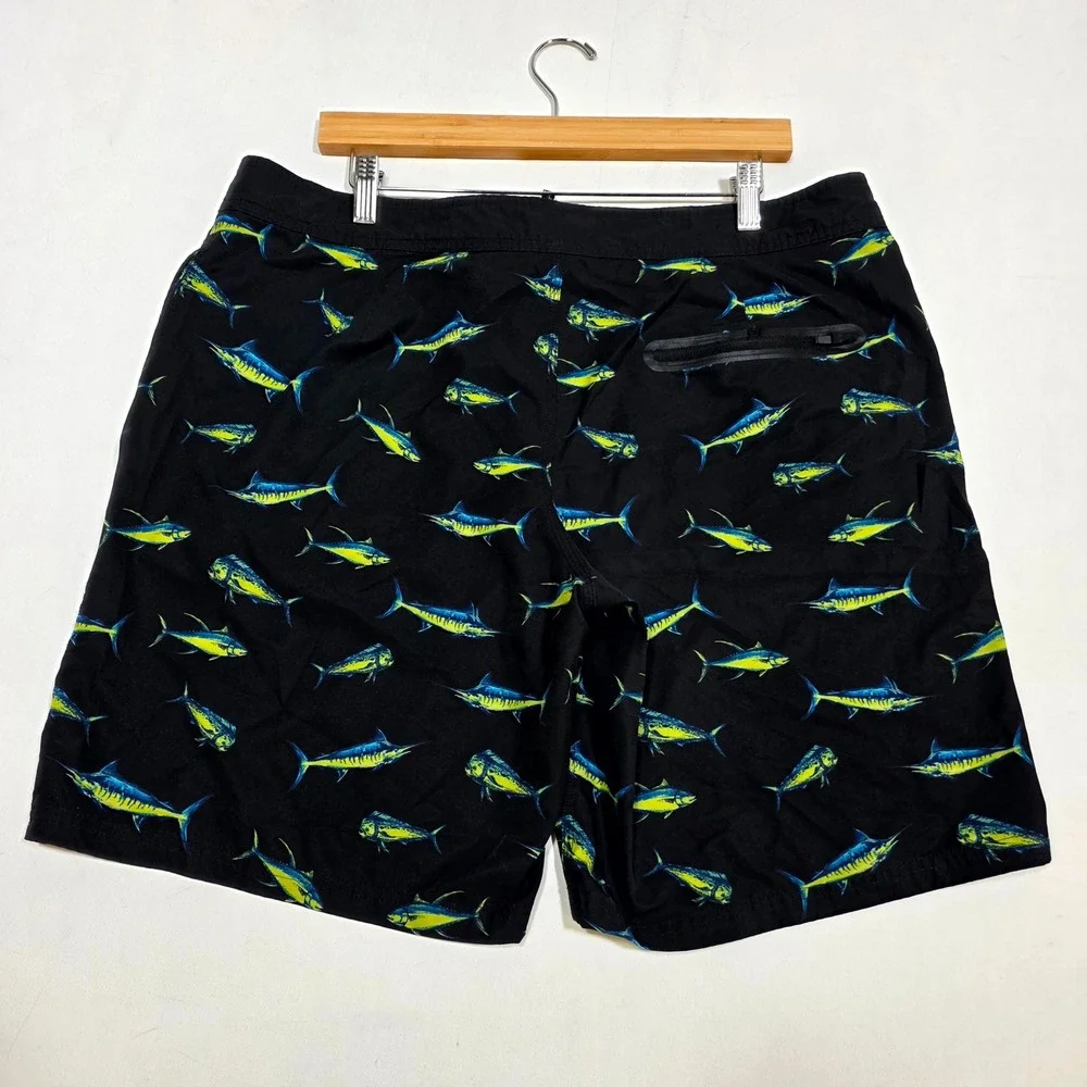 Jacks Surfboards Board Shorts Mens 36 Black Mahi Mahi Marlin Fish Print Trunks